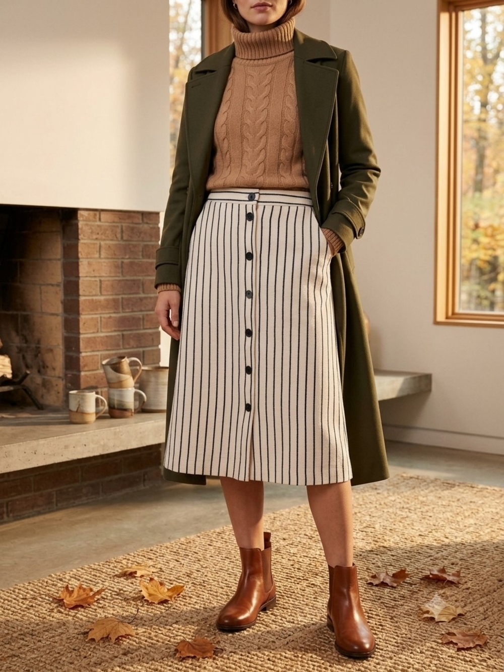 Talbots Ivory Skirt with Navy/Black Vertical Stripes and Button-Front Size 12